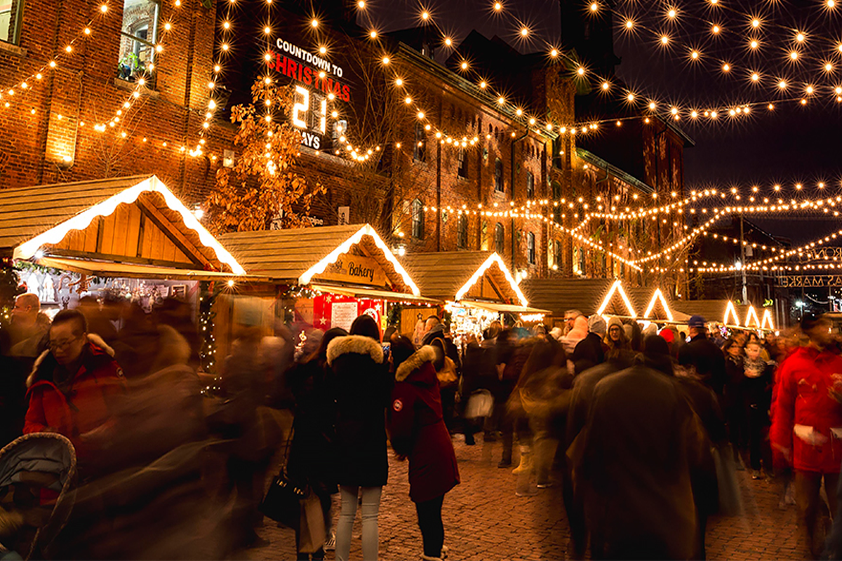 Overhead twinkle lights help attract people to Toronto’s Distillery District in winter (credit: Distillery District)