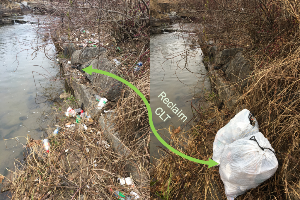 The shoreline of a river. A plastic bag that looks full sits on top of the vegetation. A green arrow connects the river and the garbage bag with the words "Reclaim CLT"