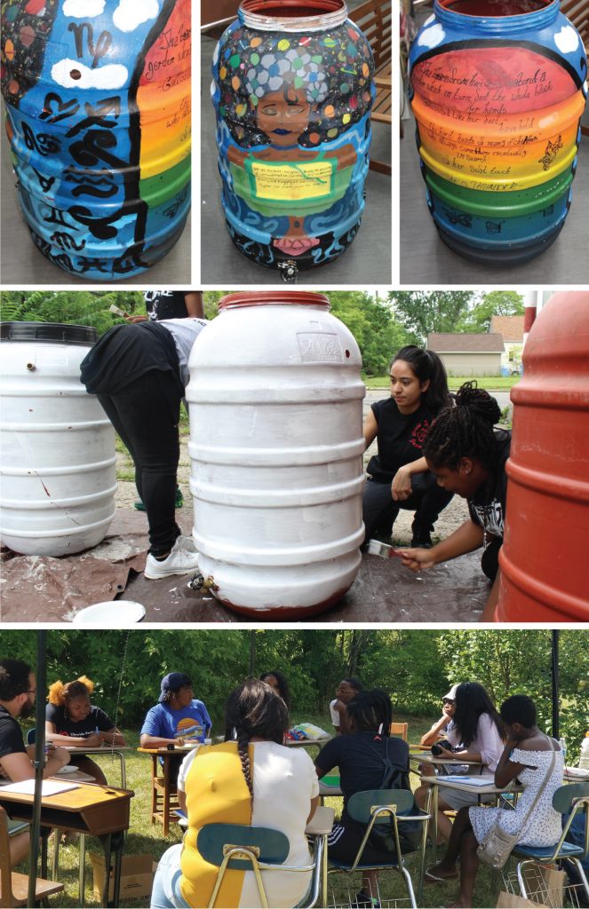 Three images. The top is three rain barrels painted with different colourful patterns. The second is two artists painting a blank white rain barrel. The third image is a group of people sitting on chairs in a circle outdoors.